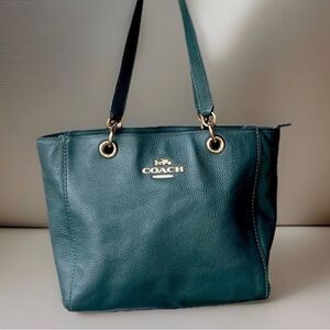 Coach Teal Pebbled Leather Tote with Gold Hardware